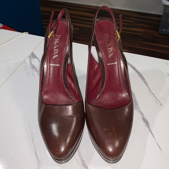 PRADA VERO CUOIO Brown Burgundy Leather Platform Pumps High Heels 38 - Picture 5 of 16